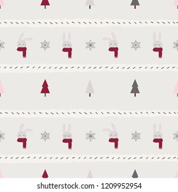 Christmas winter holiday season vector illustration repeating seamless rabbit snow flakes tree