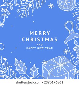 Christmas winter holiday square template with hand drawn cute design elements in line style. Festive frame. Vector illustration for greeting card, cover, banner, social media post