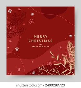 Christmas winter holiday square template with fir branches and snow in minimal style. Merry Christmas and Happy New Year greetings on a red background. Vector for banner, social media post, flyer