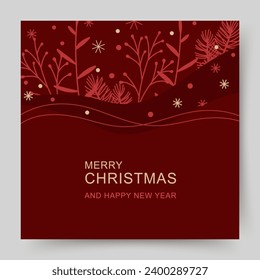 Christmas winter holiday square template with fir branches and snow in minimal style. Merry Christmas and Happy New Year greetings on a red background. Vector for banner, social media post, flyer