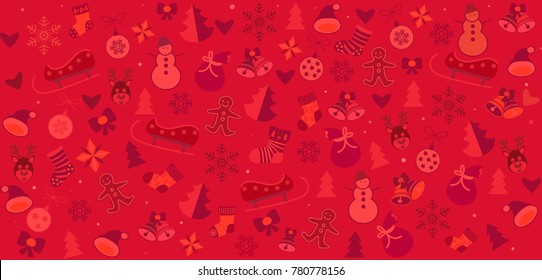 Christmas winter holiday symbols, icons seamless pattern. Happy new year decoration ornamental background elements snowman, bells, snowflakes, fir tree, socks, reindeer, stars, heart, ribbon bow, ball