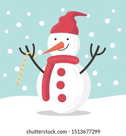 Christmas winter holiday theme snowman with red hat, scarf and candy on snowfall green background. cartoon flat vector illustration.
