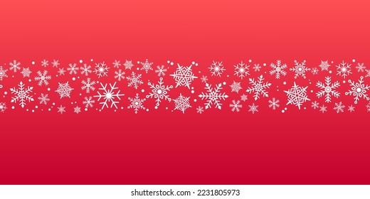 Christmas winter holiday white seamless snowflake border isolated on red background design. Xmas flat elegant style postcard or greeting card, header or banner, wallpaper or layou