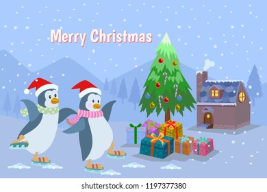 Christmas winter holidays background with cute cartoon penguins