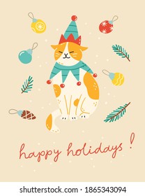 Christmas and winter holidays banner, card or poster template. Vector illustration of an adorable cat wearing Christmas outfit with ornaments around. Modern hand drawn style.