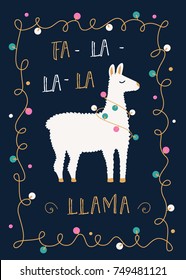 Christmas or Winter Holidays Card with llama and Festive Lights Garland.