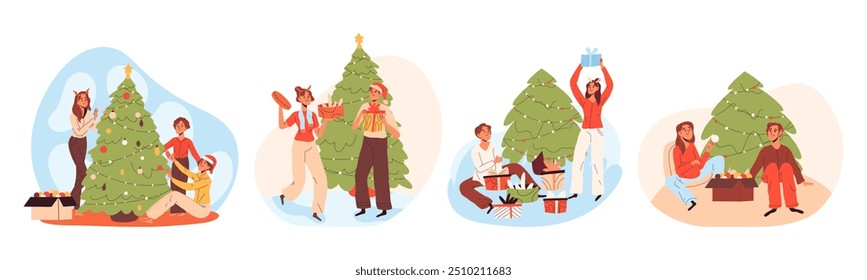 Christmas winter holidays celebration. Xmas eve party preparation, family and friends winter activities flat vector illustration set. Cartoon Christmas celebrating characters