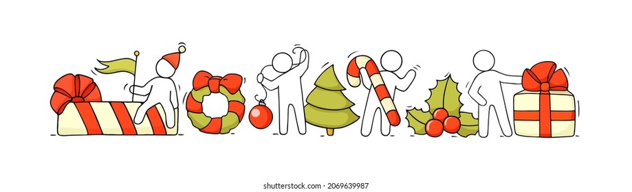 Christmas and winter holidays decoration with gift boxes, xmas tree. Vector cartoon set of doodle people with New Year signs, red Santa Claus hat, holly leaves, candy cane and mistletoe wreath