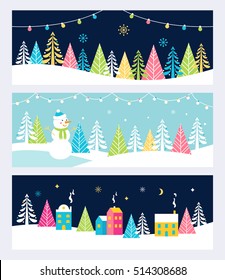 Christmas and Winter Holidays Events Festive Backgrounds, Banners or Headers with Landscape, Snowman, Trees and Christmas Lights. Vector Design