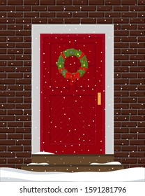 Christmas and winter holidays front door decorations. Flat vector illustration