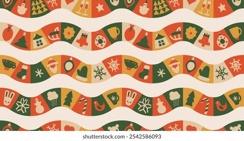 Christmas Winter Holidays geometric seamless pattern. Patchwork wavy Background. Decorative Abstract Mosaic Pattern in Folk Style. Vector flat illustration.