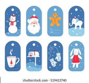 Christmas And Winter Holidays Gift Labels Or Tags With Mittens, Santa And White Elephant