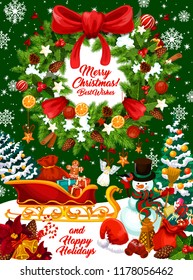 Christmas winter holidays greeting card with Xmas wreath and gift. Snowman with Santa sleigh and New Year presents, Christmas tree and holly berry garland with ribbon bow, snowflake and Xmas bell