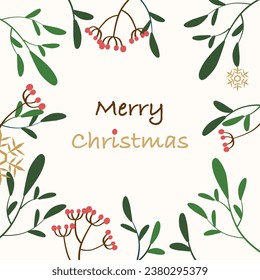 Christmas and winter holidays greeting card with handdrawn decoration elements,green leaves,gold snowflakes.Vector template.Merry Christmas and Happy New Year frame.Christmas invitation,congratulation
