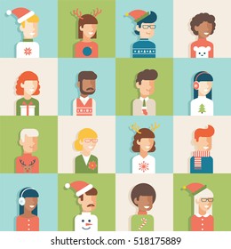 Christmas And Winter Holidays People Avatar Flat Icon Set