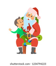 Christmas winter holidays, Santa Claus and kid sitting on his laps vector. Boy child making wish to Saint Nicholas. Elderly person with long beard