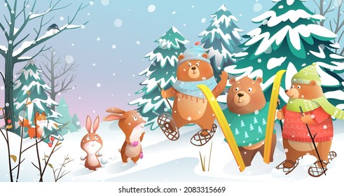 Christmas winter holidays scene in forest snowy landscape. Bears and rabbits skiing meeting in woodland snowdrifts. Merry Christmas watercolor style postcard vector graphic.