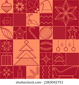 Christmas and winter holidays seamless pattern with simple graphic line icons