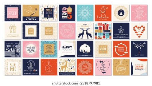 Christmas Winter Holidays square templates with hand drawn cute line style design elements. Winter sale on social networks. Vector illustration for greeting card, cover, banner, social media post