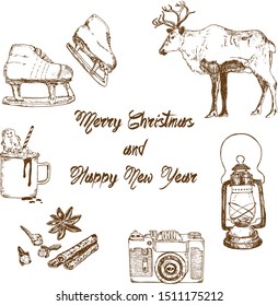 Christmas and winter holidays symbols sketch hand drawn vector elements. Christmas and New year winter with reindeer, latern, spices and mug of hot chocolate with gingerbread and skates.