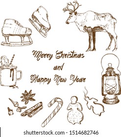 Christmas and winter holidays symbols sketch hand drawn vector elements. Christmas and New year winter with reindeer, latern, spices and mug of hot chocolate with gingerbread and skates.