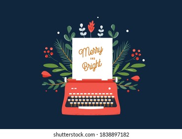 Christmas and Winter Holidays Theme Illustration of Red Typewriter and Green Ornament. Merry and Bright Sign. Vector Design