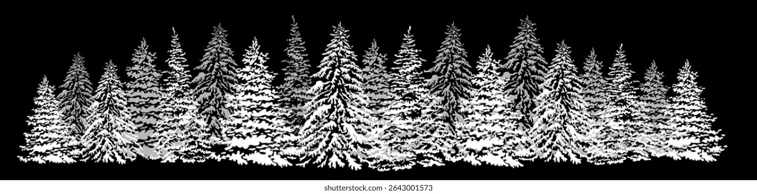 Christmas. Winter horizontal background. Winter Forest background. Christmas trees hand drawing. Not AI. Vector illustration.