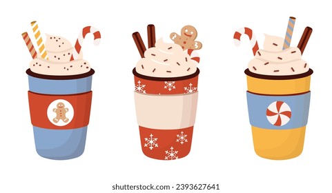 Christmas winter hot drinks set. Beverage take away illustration in flat cartoon style. Coffee, cocoa tea with cream, cinnamon, candy cane, gingerbread cookies.