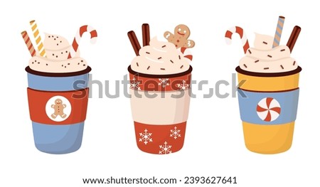 Christmas winter hot drinks set. Beverage take away illustration in flat cartoon style. Coffee, cocoa tea with cream, cinnamon, candy cane, gingerbread cookies.