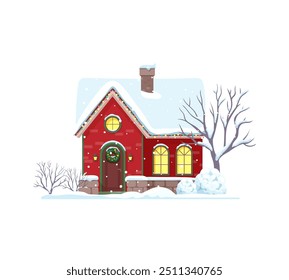 Christmas winter house building exterior with snowy roof. Xmas festive town cottage cartoon vector exterior, Christmas village home snowy facade or winter holiday house outdoor isolated scene