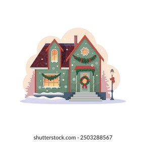 Christmas winter house facade exterior, vector scene of Xmas holiday town street with two storey building, snow trees and lantern. Winter holiday house with Xmas decorations, door wreath and garland