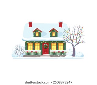 Christmas winter house facade with snow on roof and holiday decorations, cartoon vector. Winter town home exterior with chimneys, Christmas wreath on door, red ribbons on fence and garland lights