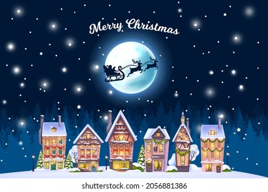 Christmas winter house landscape, vector holiday x-mas town postcard, night village background, moon. Decorated building facade view, forest silhouette, snow drift, Santa Claus sleigh. Winter houses