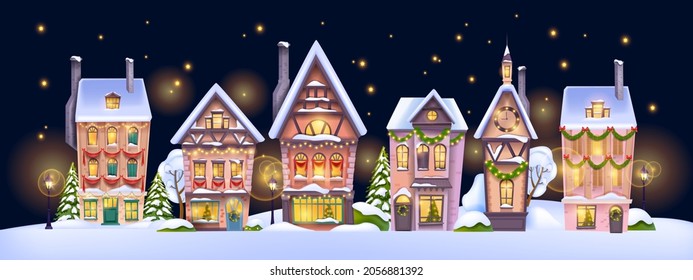 Christmas winter house landscape, vector holiday x-mas small town background, decorated village view. Street building facade, snow drift, night sky, stars, retro city scene. Christmas house postcard