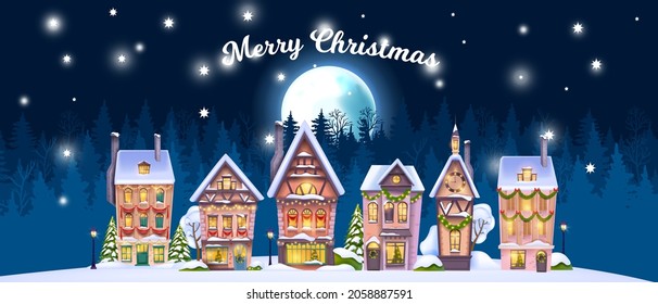 Christmas winter house landscape, vector holiday x-mas village background, small north town, full moon. Little city street facade view, festive decorated buildings, forest outline. Winter house scene