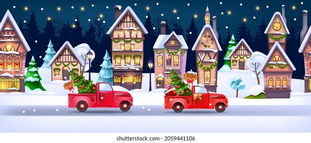 Christmas winter house landscape, vector x-mas holiday snow town seamless background, red truck, road. Season decorated village, night sky, stars, vintage facade, cityscape view. Winter house border