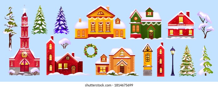 Christmas winter houses illustration collection with snow, village architecture, trees, street lamp. Holiday x-mas set with cartoon fairytale decorated buildings, church. Christmas or new year houses 