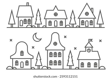 Christmas winter houses. Outline silhouette of neighborhood. Skyline of cute buildings and fur trees on white background. Horizontal panorama with row of cozy homes.