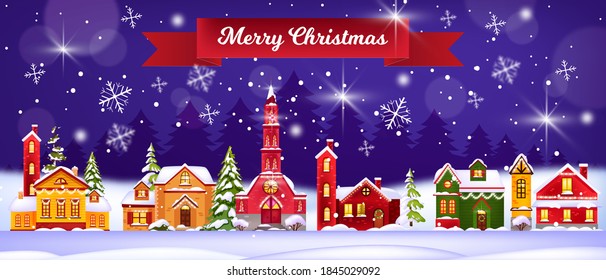 Christmas winter houses vector illustration with snow village, church, pine trees, night sky. X-mas holiday background with decorated buildings exterior, lights. Christmas noel houses facades banner