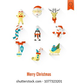 Christmas and Winter Icons Collection. Colorful. Long Shadow. Simple and Minimalistic Style. Vector