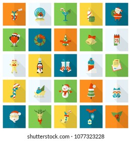 Christmas and Winter Icons Collection. Colorful. Long Shadow. Simple and Minimalistic Style. Vector