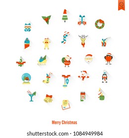 Christmas and Winter Icons Collection. Colorful. Long Shadow. Simple and Minimalistic Style. Vector
