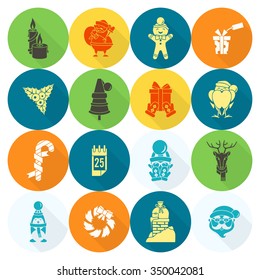 Christmas and Winter Icons Collection. Colorful. Long Shadow. Simple and Minimalistic Style. Vector