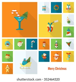Christmas and Winter Icons Collection. Colorful. Long Shadow. Simple and Minimalistic Style. Vector