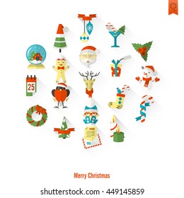 Christmas and Winter Icons Collection. Colorful. Long Shadow. Simple and Minimalistic Style. Vector