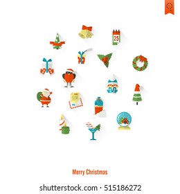 Christmas and Winter Icons Collection. Colorful. Long Shadow. Simple and Minimalistic Style. Vector