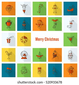 Christmas and Winter Icons Collection. Colorful. Long Shadow. Simple and Minimalistic Style. Vector
