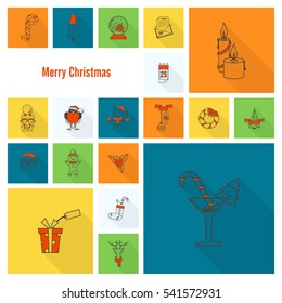 Christmas and Winter Icons Collection. Colorful. Long Shadow. Simple and Minimalistic Style. Vector
