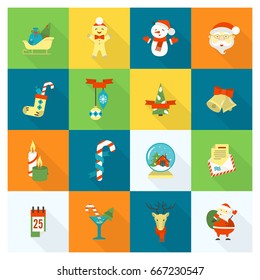Christmas and Winter Icons Collection. Colorful. Long Shadow. Simple and Minimalistic Style. Vector