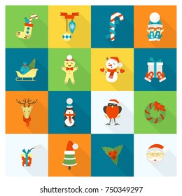Christmas and Winter Icons Collection. Colorful. Long Shadow. Simple and Minimalistic Style. Vector
